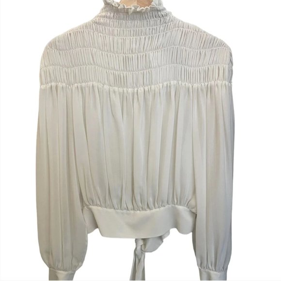 FRAME Sheer Chiffon Smocked Long Puff Sleeve Mock Neck Tie Back Waist Top - Picture 2 of 3